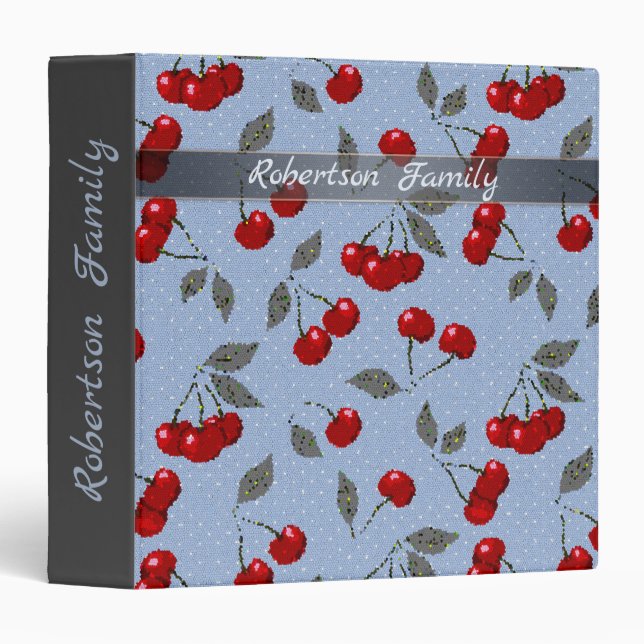 Cartoon cute red cherry berry green leaves blue ba binder (Front/Spine)