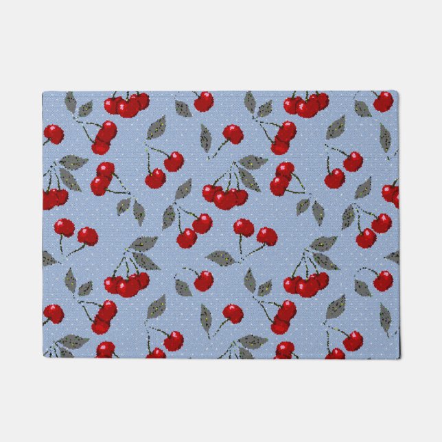 Cartoon cute red cherry berry green leaves blue ba doormat (Front)