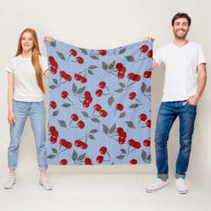 Cartoon cute red cherry berry green leaves blue ba fleece blanket