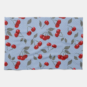 Cartoon cute red cherry berry green leaves blue ba kitchen towel