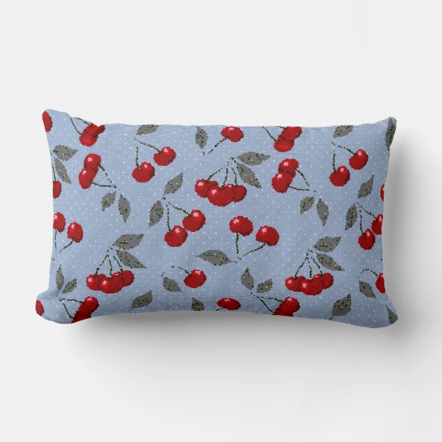 Cartoon cute red cherry berry green leaves blue ba lumbar pillow (Front)