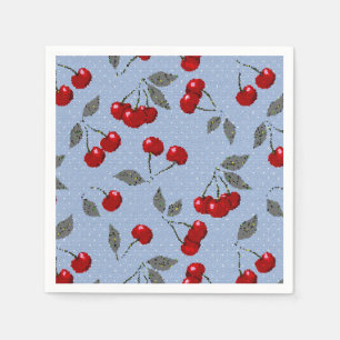 Cartoon cute red cherry berry green leaves blue ba napkin