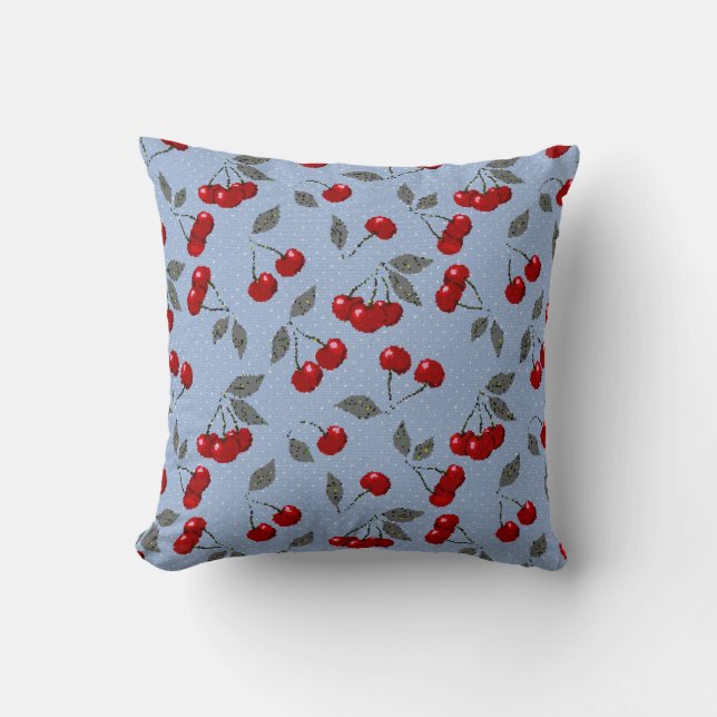 Cartoon cute red cherry berry green leaves blue ba throw pillow (Front)