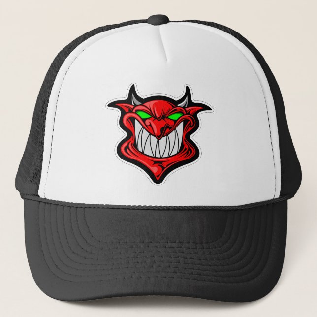 Cartoon demon face head satan trucker hat (Front)
