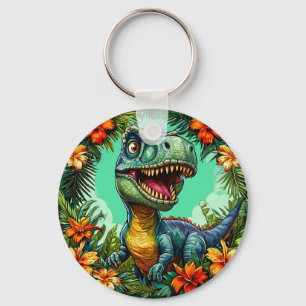 Cartoon Dinosaur and Vibrant Tropical Flowers Keychain