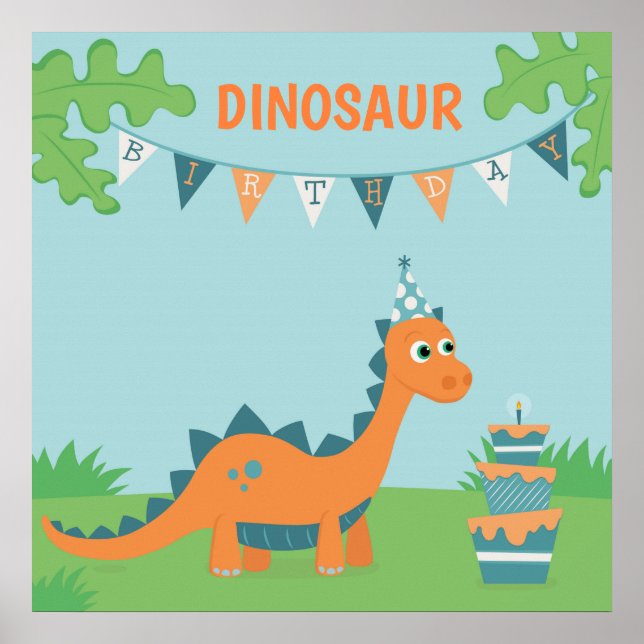 Cartoon dinosaur birthday cake blows candle poster (Front)