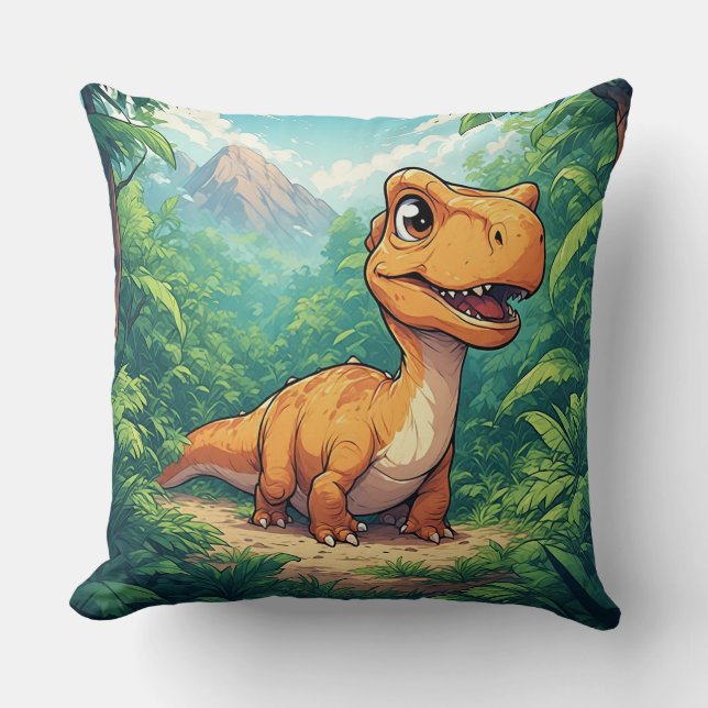 Cartoon Dinosaur Exploring a Tropical Jungle Throw Pillow (Front)