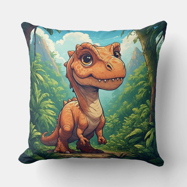 Cartoon Dinosaur Exploring a Tropical Jungle Throw Pillow (Front)