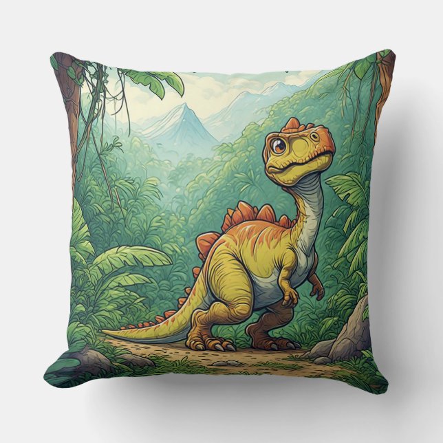 Cartoon Dinosaur Exploring a Tropical Jungle Throw Pillow (Front)