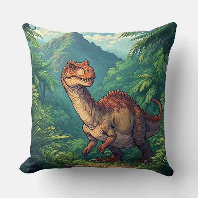 Cartoon Dinosaur Exploring a Tropical Jungle Throw Pillow (Front)
