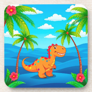 Cartoon Dinosaur in a Tropical Scene Coaster