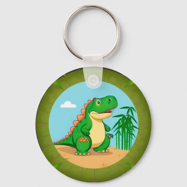 Cartoon Dinosaur in a Tropical Scene Keychain (Front)