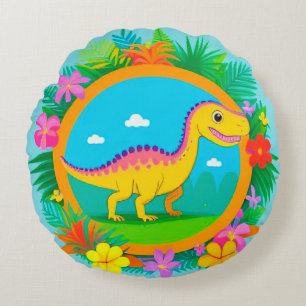 Cartoon Dinosaur in a Tropical Scene Round Pillow