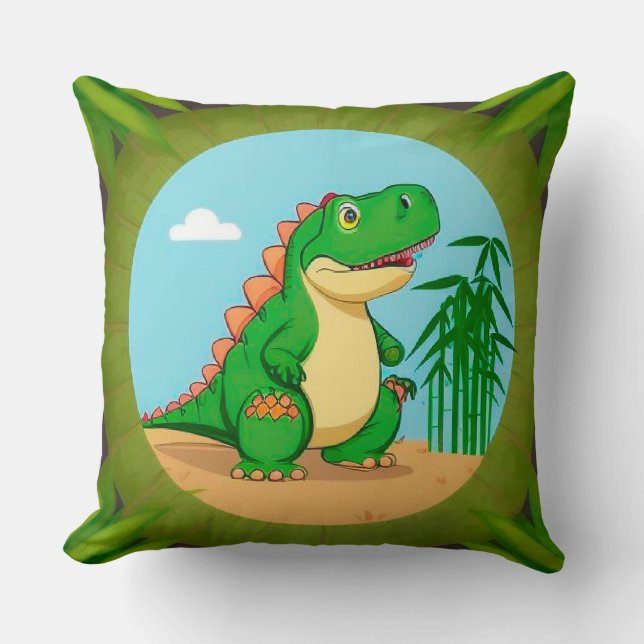 Cartoon Dinosaur in a Tropical Scene Throw Pillow (Front)
