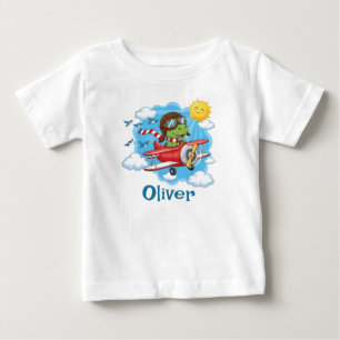Cartoon Dinosaur Pilot Flying Red Airplane Baby T-Shirt