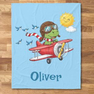 Cartoon Dinosaur Pilot Flying Red Airplane Fleece Blanket