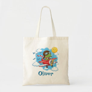 Cartoon Dinosaur Pilot Flying Red Airplane Tote Bag