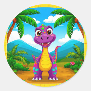 Cartoon Dinosaur Tropical Scene 🦖 Cute Jungle 🌿 Classic Round Sticker