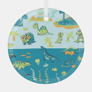 Cartoon Dinosaurs: Land & Sea Set Glass Ornament