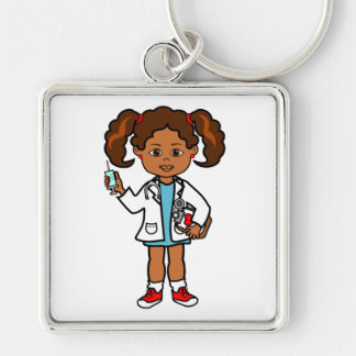 Cartoon Doctor Girl with Big Needle and Clipboard Keychain