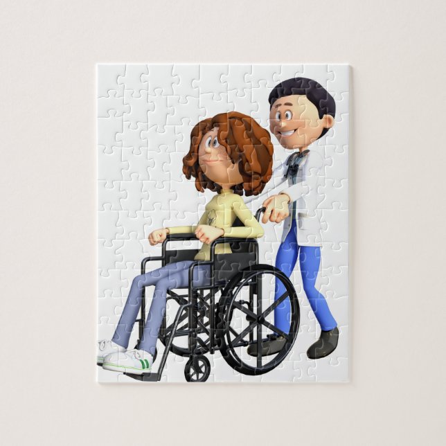 Cartoon Doctor Wheeling Patient In Wheelchair Jigsaw Puzzle (Vertical)