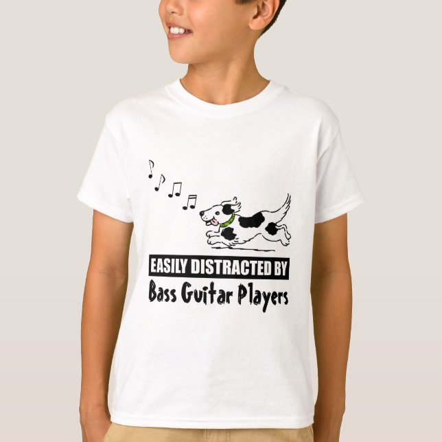 Cartoon Dog Distracted by Bass Guitar Players T-Shirt (Front)