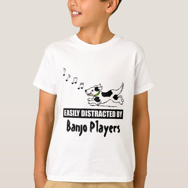 Cartoon Dog Easily Distracted by Banjo Players T-Shirt (Front)