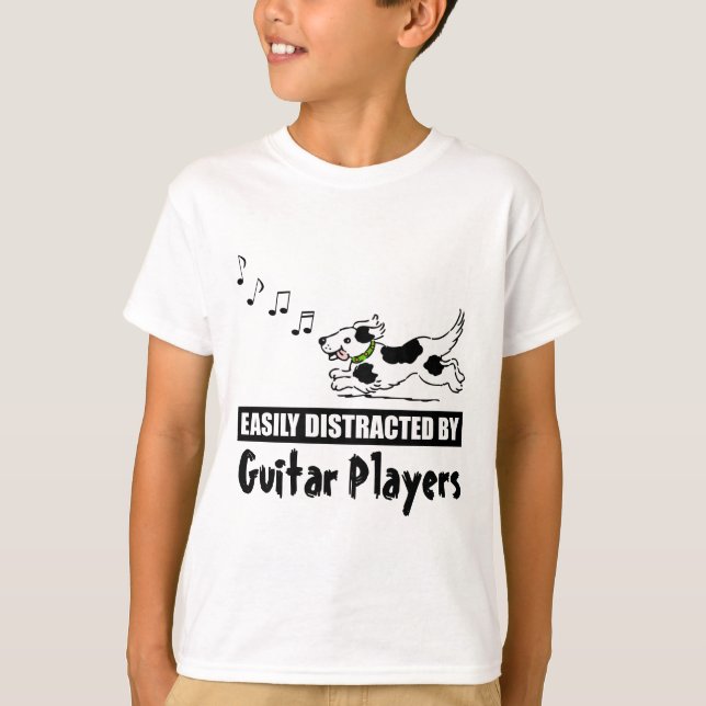 Cartoon Dog Easily Distracted by Guitar Players T-Shirt (Front)
