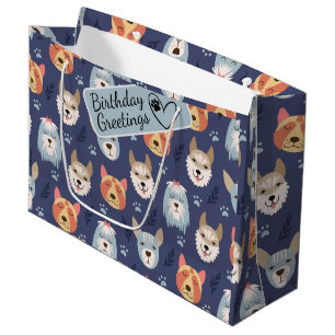 Cartoon dog faces and paws seamless pattern large gift bag