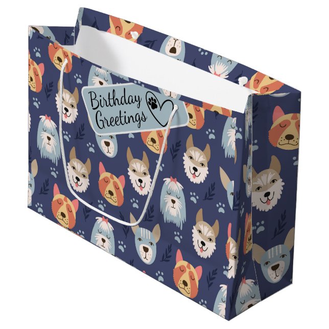 Cartoon dog faces and paws seamless pattern large gift bag (Front Angled)