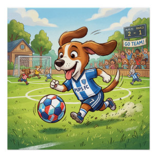 Cartoon Dog Playing Soccer or Football Poster