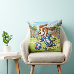 Cartoon Dog Playing Soccer or Football Throw Pillow