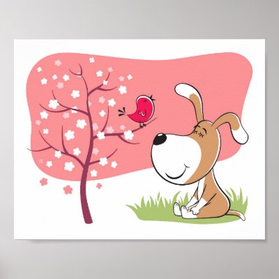 Cartoon Dog Puppy Bird Flower Blooming Pink Spring