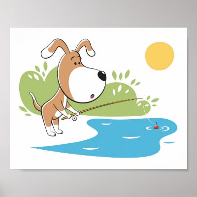 Cartoon Dog Puppy Fishing Sun Lake 