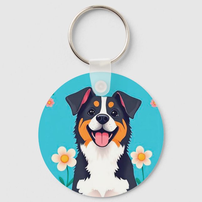 Cartoon Dog Surrounded by Flowers Keychain (Front)