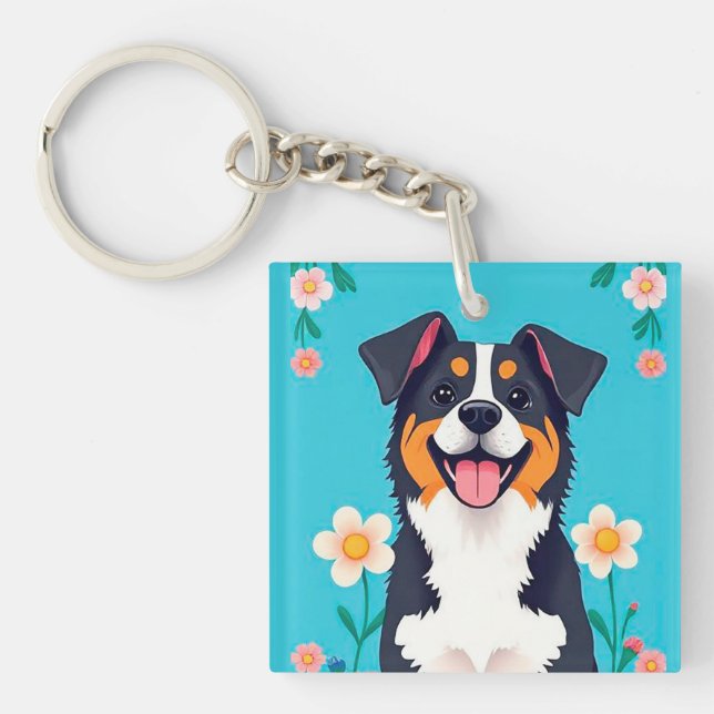 Cartoon Dog Surrounded by Flowers Keychain (Front)