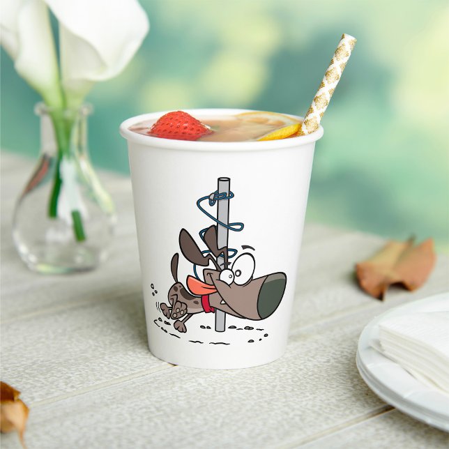 Cartoon Dog Tangled Around Pole with Leash Paper Cups (Creator Uploaded)