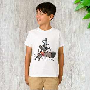 Cartoon Dog Tangled Around Pole with Leash T-Shirt
