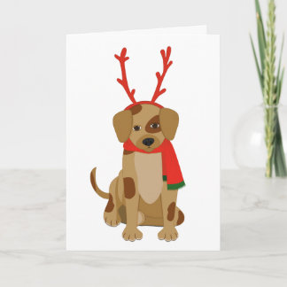 Cartoon Dog wearing Antlers and Scarf Holiday Card
