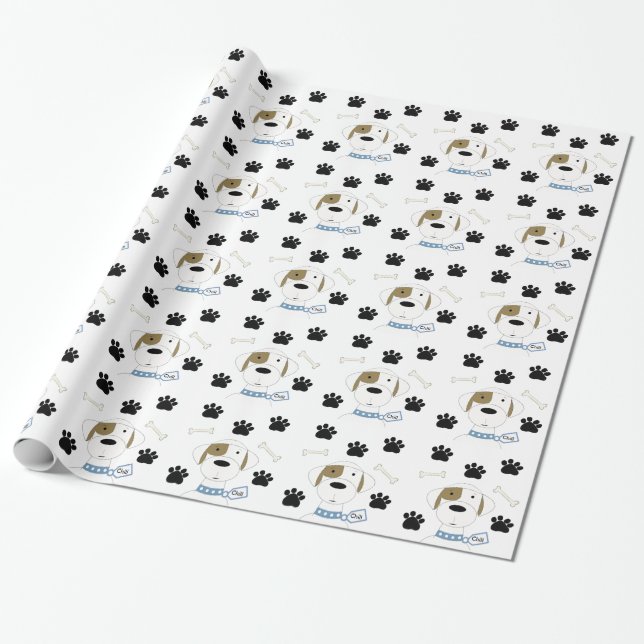 Cartoon Dog with Paw Prints Wrapping Paper (Unrolled)