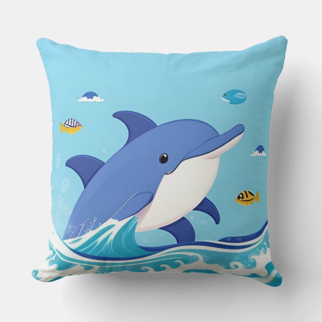 Cartoon Dolphin Splash For Summer Room Style Throw Pillow (Front)