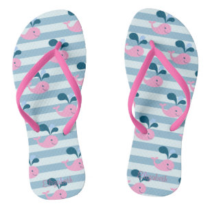 Cartoon Dolphins ,Light Blue Stripes-Personalized Flip Flops