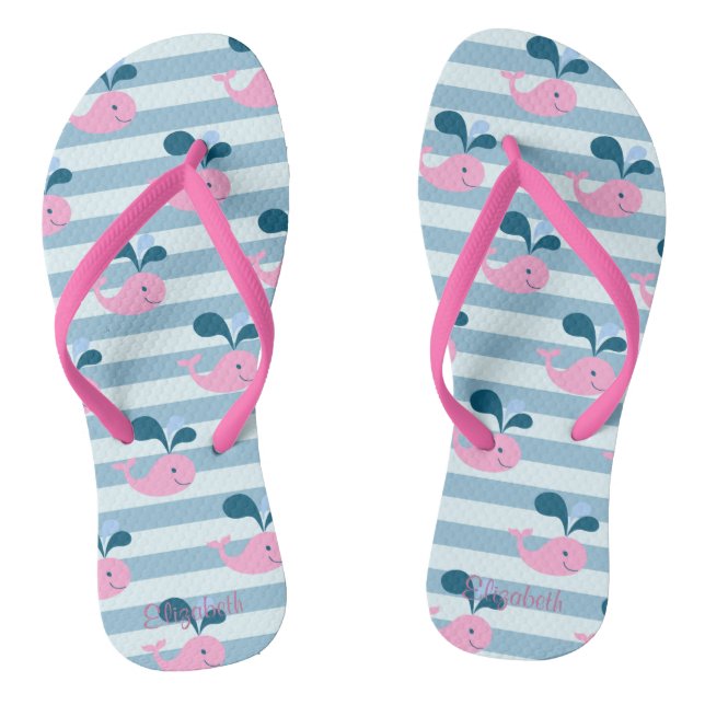 Cartoon Dolphins ,Light Blue Stripes-Personalized Flip Flops (Footbed)