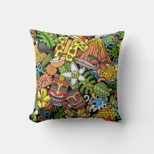 Cartoon doodles Hawaii seamless pattern. Backdrop Throw Pillow