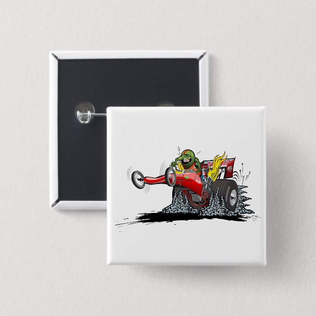 Cartoon dragster 2 inch square button (Front & Back)
