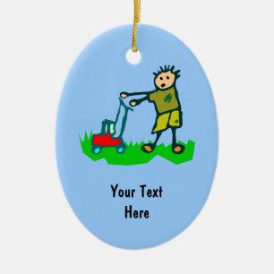 Cartoon Drawing Man Mowing Grass Ceramic Ornament