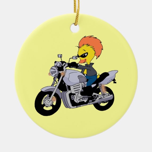 Cartoon duck on a cool motorcycle ceramic ornament (Front)