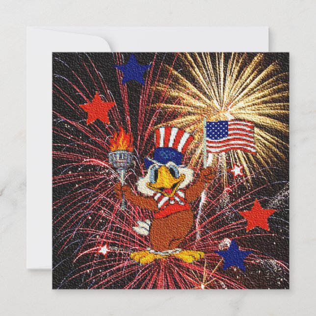 Cartoon Eagle with Flag and Fireworks Invitation (Front)