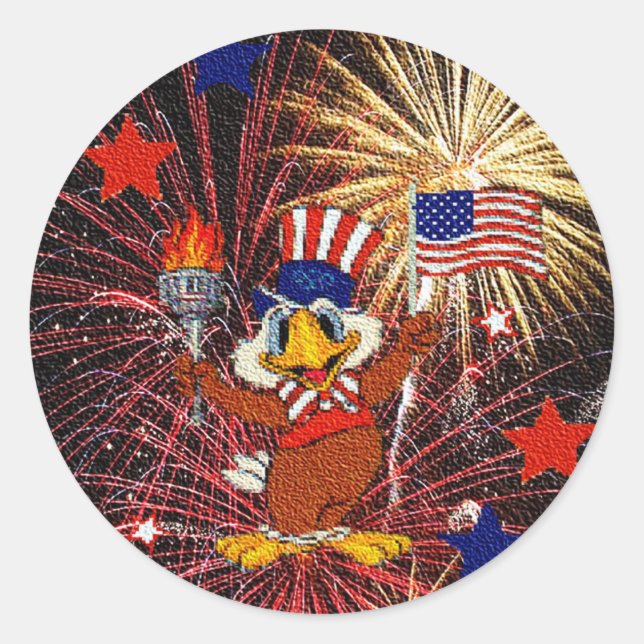 Cartoon Eagle with Flag and Fireworks (Textured) Classic Round Sticker (Front)