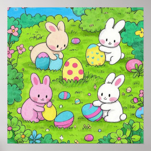 Cartoon Easter Bunnies and colourful eggs Poster